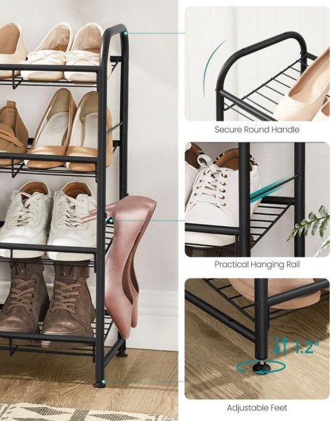 Metalowy regał na buty 4 poziomy Nowoczesny czarny regał na buty 4-poziomowyz możliwością ustawienia półek na płasko lub pod kąt