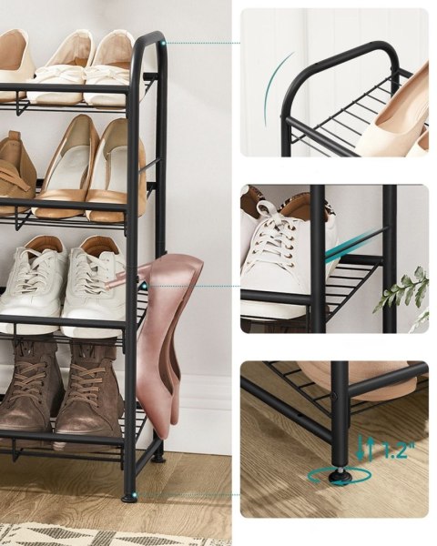 Metalowy regał na buty 4 poziomy Nowoczesny czarny regał na buty 4-poziomowyz możliwością ustawienia półek na płasko lub pod kąt
