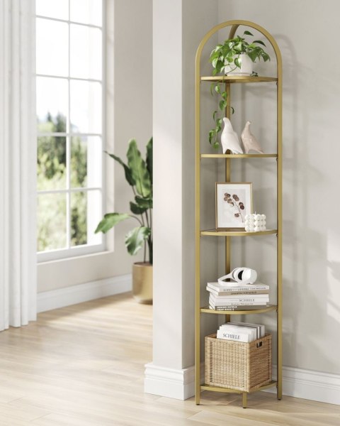 Narożny szklany regał złoty GLAMOUR Nowoczesny wąski narożny regał 5-piętrowy ze stalową złotą ramą i półkami ze szkła hartowane