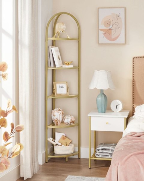 Narożny szklany regał złoty GLAMOUR Nowoczesny wąski narożny regał 5-piętrowy ze stalową złotą ramą i półkami ze szkła hartowane