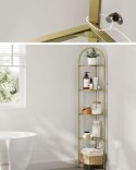 Narożny szklany regał złoty GLAMOUR Nowoczesny wąski narożny regał 5-piętrowy ze stalową złotą ramą i półkami ze szkła hartowane