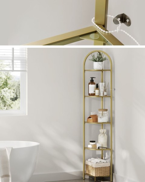 Narożny szklany regał złoty GLAMOUR Nowoczesny wąski narożny regał 5-piętrowy ze stalową złotą ramą i półkami ze szkła hartowane