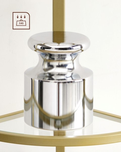 Narożny szklany regał złoty GLAMOUR Nowoczesny wąski narożny regał 5-piętrowy ze stalową złotą ramą i półkami ze szkła hartowane