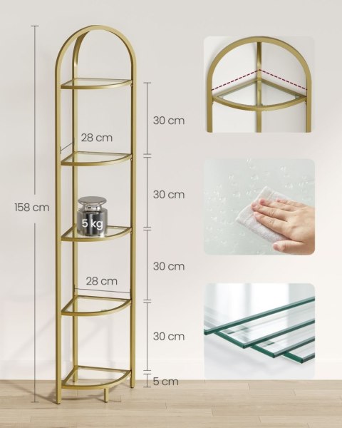 Narożny szklany regał złoty GLAMOUR Nowoczesny wąski narożny regał 5-piętrowy ze stalową złotą ramą i półkami ze szkła hartowane
