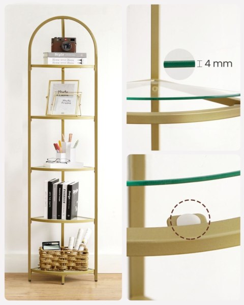 Narożny szklany regał złoty GLAMOUR Nowoczesny wąski narożny regał 5-piętrowy ze stalową złotą ramą i półkami ze szkła hartowane