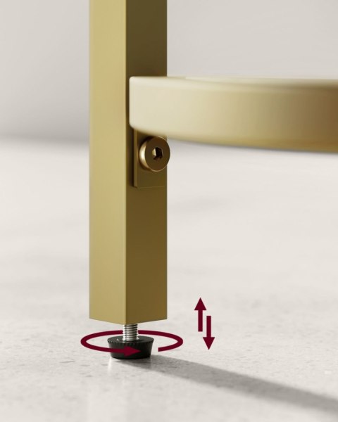 Narożny szklany regał złoty GLAMOUR Nowoczesny wąski narożny regał 5-piętrowy ze stalową złotą ramą i półkami ze szkła hartowane