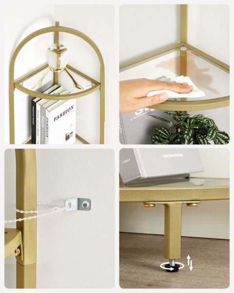 Narożny szklany regał złoty GLAMOUR Nowoczesny wąski narożny regał 5-piętrowy ze stalową złotą ramą i półkami ze szkła hartowane