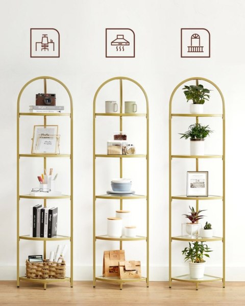Narożny szklany regał złoty GLAMOUR Nowoczesny wąski narożny regał 5-piętrowy ze stalową złotą ramą i półkami ze szkła hartowane