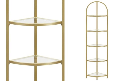 Narożny szklany regał złoty GLAMOUR Nowoczesny wąski narożny regał 5-piętrowy ze stalową złotą ramą i półkami ze szkła hartowane