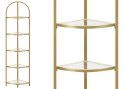Narożny szklany regał złoty GLAMOUR Nowoczesny wąski narożny regał 5-piętrowy ze stalową złotą ramą i półkami ze szkła hartowane
