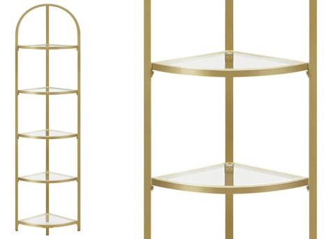 Narożny szklany regał złoty GLAMOUR Nowoczesny wąski narożny regał 5-piętrowy ze stalową złotą ramą i półkami ze szkła hartowane