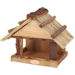 Drewniany karmnik dla ptaków kryty strzechą