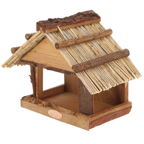 Drewniany karmnik dla ptaków kryty strzechą