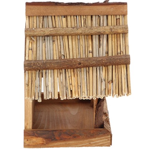 Drewniany karmnik dla ptaków kryty strzechą