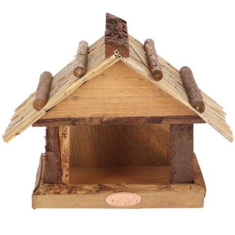 Drewniany karmnik dla ptaków kryty strzechą