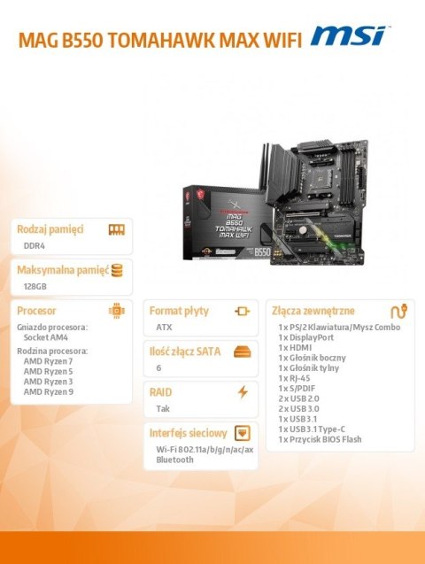 Płyta główna MAG B550 TOMAHAWK MAX WIFI AM4 4DDR4 HDMI/DP 2M.2 ATX