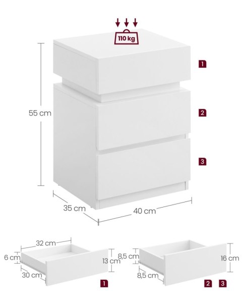 Biały stolik nocny z oświetleniem LED Nowoczesny stolik boczny nocny z 3 szufladami oraz oświetleniem LED, który posiada 25 kolo