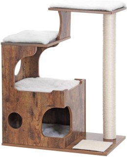 Drapak dla kota brązowo-biały 86 cm Solidny drapak wieża wykonany z płyty MDF w rustykalnym brązie z 3 piętrowymi platformami, j