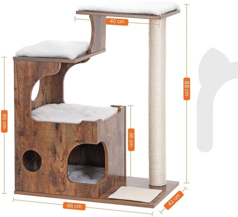 Drapak dla kota brązowo-biały 86 cm Solidny drapak wieża wykonany z płyty MDF w rustykalnym brązie z 3 piętrowymi platformami, j