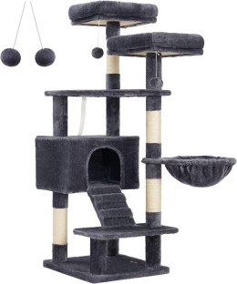 Drapak wieża dla kota dymny szary 143 cm Stabilny drapak drzewo wykonany z płyty MDF z 1 podwyższoną platformą widokową, jaskini
