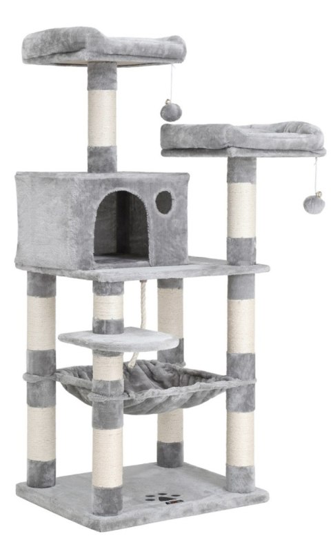 Jasnoszary drapak widokowy 143 cm Stabilny drapak dla kota wykonany z solidnej płyty MDF z 2 przytulnymi platformami, jaskinią, 