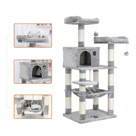 Jasnoszary drapak widokowy 143 cm Stabilny drapak dla kota wykonany z solidnej płyty MDF z 2 przytulnymi platformami, jaskinią, 