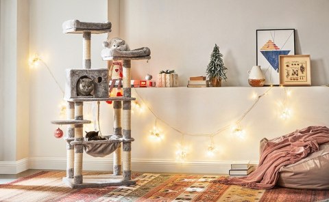 Jasnoszary drapak widokowy 143 cm Stabilny drapak dla kota wykonany z solidnej płyty MDF z 2 przytulnymi platformami, jaskinią, 