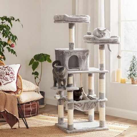 Jasnoszary drapak widokowy 143 cm Stabilny drapak dla kota wykonany z solidnej płyty MDF z 2 przytulnymi platformami, jaskinią, 