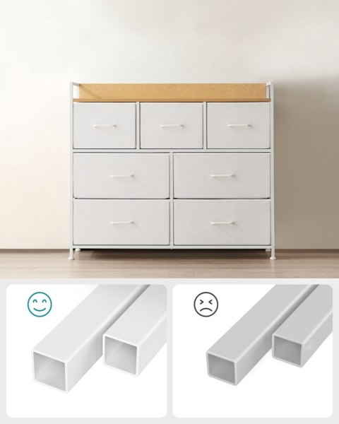 Komoda z 7 materiałowymi szufladami Pojemna skandynawska komoda wykonana z płyty MDF i stalowej konstrukcji, która posiada 7 mat