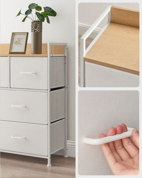 Komoda z 7 materiałowymi szufladami Pojemna skandynawska komoda wykonana z płyty MDF i stalowej konstrukcji, która posiada 7 mat