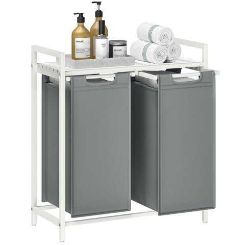 Kosz na pranie 2 komory i biała półka Stojący kosz na pranie w stylu skandynawskim, nowoczesnym z 2 osobnymi komorami po 46 L o