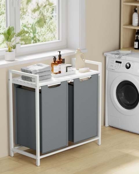 Kosz na pranie 2 komory i biała półka Stojący kosz na pranie w stylu skandynawskim, nowoczesnym z 2 osobnymi komorami po 46 L o