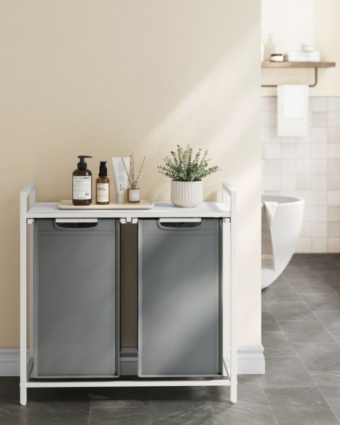 Kosz na pranie 2 komory i biała półka Stojący kosz na pranie w stylu skandynawskim, nowoczesnym z 2 osobnymi komorami po 46 L o