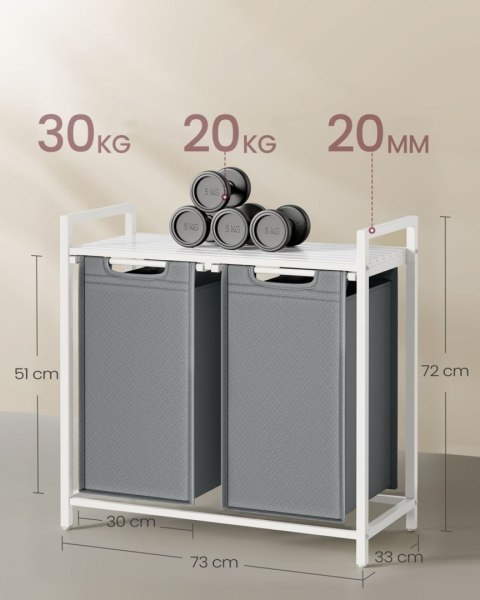 Kosz na pranie 2 komory i biała półka Stojący kosz na pranie w stylu skandynawskim, nowoczesnym z 2 osobnymi komorami po 46 L o