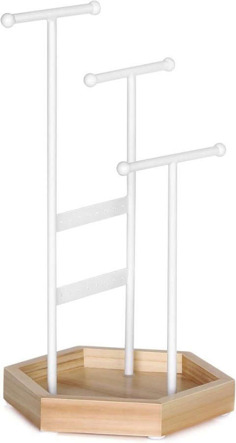 Stojak uchwyt na biżuterię biały 36 cm Stojak wykonany z 3 żelaznych prętów w białym kolorze oraz podstawy z litego drewna dla ż