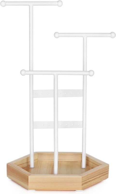 Stojak uchwyt na biżuterię biały 36 cm Stojak wykonany z 3 żelaznych prętów w białym kolorze oraz podstawy z litego drewna dla ż