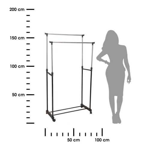 Podwójny, stojący wieszak na ubraniaMobilna garderoba na odzież, wieszak podłogowy z dwoma drążkami, na kółkach, z regulacją wys