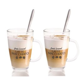 Szklanki do kawy latte + łyżeczki 300 ml Komplet wysokich, eleganckich szklanek do kawy cappuccino, latte macchiato i deserów, z