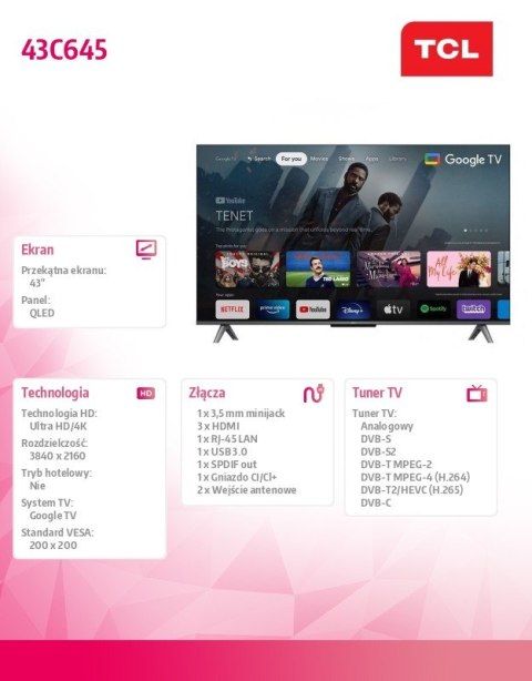 Telewizor QLED 43 cale 43C645