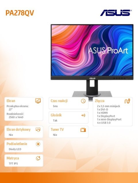Monitor 27 cali ProArt PA278QV IPS WQHD HDMI DP mDP HUB USB sRGB: 100%
