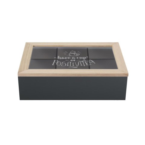 Pudełko na herbatę z przegródkami czarne Pojemnik na herbatę, organizer z 6 przegródkami, wykonany z drewna oraz mdf, z przeszkl