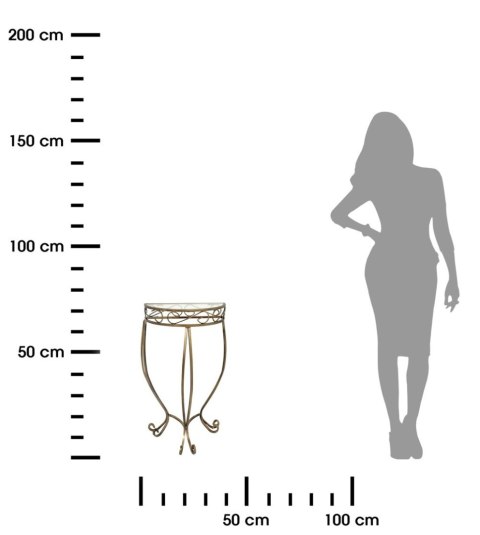 Zdobiona konsola stolik Erik wzór Esy Wykonany z metalu ozdobny stół półokrągły z szklanym blatem w kolorze czarnym w patynie zł