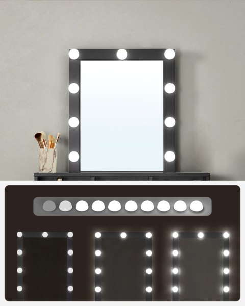 Czarna toaletka z lustrem żarówkami LED Wyjątkowa czarna toaletka kosmetyczna z oświetleniem, 3 otwartymi przegrodami i 2 szufla