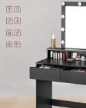 Czarna toaletka z lustrem żarówkami LED Wyjątkowa czarna toaletka kosmetyczna z oświetleniem, 3 otwartymi przegrodami i 2 szufla