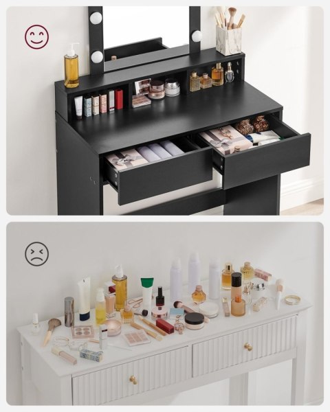 Czarna toaletka z lustrem żarówkami LED Wyjątkowa czarna toaletka kosmetyczna z oświetleniem, 3 otwartymi przegrodami i 2 szufla