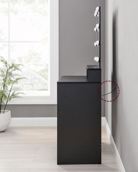 Czarna toaletka z lustrem żarówkami LED Wyjątkowa czarna toaletka kosmetyczna z oświetleniem, 3 otwartymi przegrodami i 2 szufla