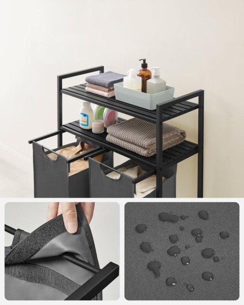 Kosz na pranie 2 komory 2 półki LOFT Funkcjonalny kosz na pranie w czarno-szarej kolorystyce z 2 wyjmowanymi przegrodami i 2 pół