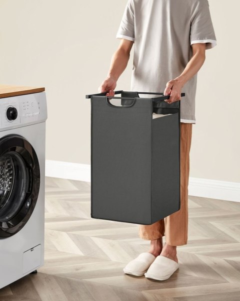 Kosz na pranie 2 komory 2 półki LOFT Funkcjonalny kosz na pranie w czarno-szarej kolorystyce z 2 wyjmowanymi przegrodami i 2 pół