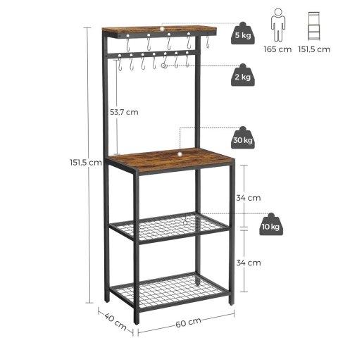 Solidny loftowy regał kuchenny 4 poziomy Funkcjonalny wielopoziomowy regał kuchenny z 4 półkami i 12 haczykami, wykonany ze sta