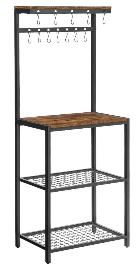 Solidny loftowy regał kuchenny 4 poziomy Funkcjonalny wielopoziomowy regał kuchenny z 4 półkami i 12 haczykami, wykonany ze sta